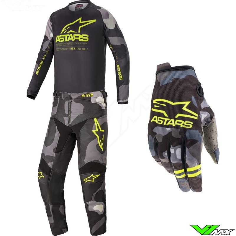 Alpinestars Racer Tactical 2021 Youth Motocross Gear Combo - Grey / Camo / Fluo Yellow