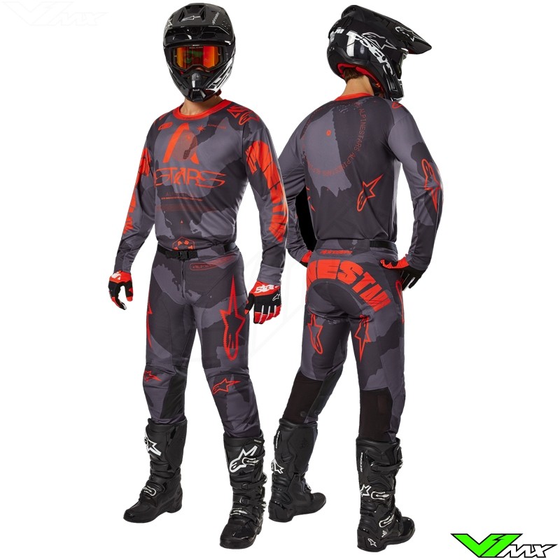Alpinestars Racer Hollow 2025 Motocross Gear Combo Gray Camo Fluo Orange