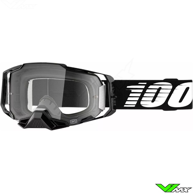 100% Armega Motocross Goggle - Black / White / Clear Lens